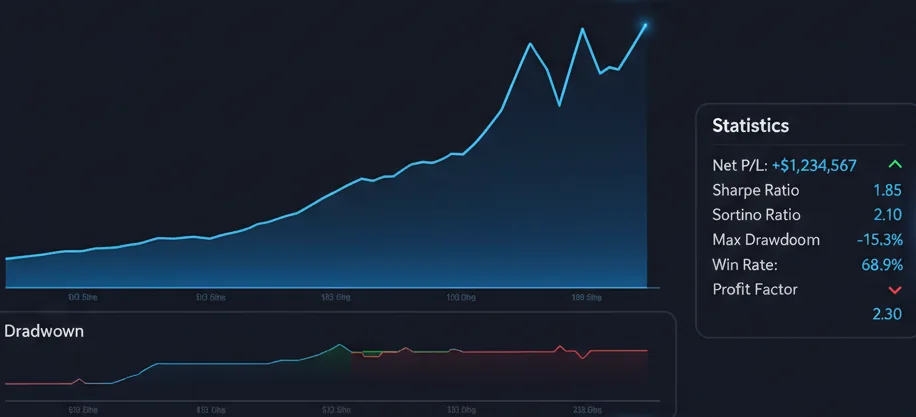 Backtest report — equity curve, drawdown sub-chart and performance statistics