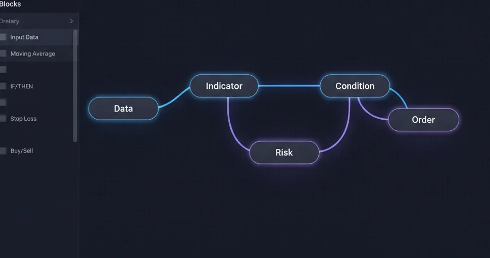 No-code strategy builder — a blocks library beside a connected node graph